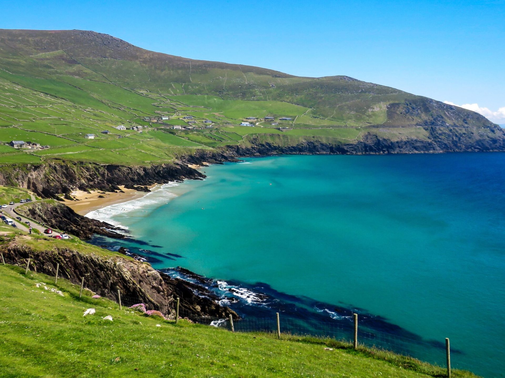 a large body of water with Keem Bay in the background